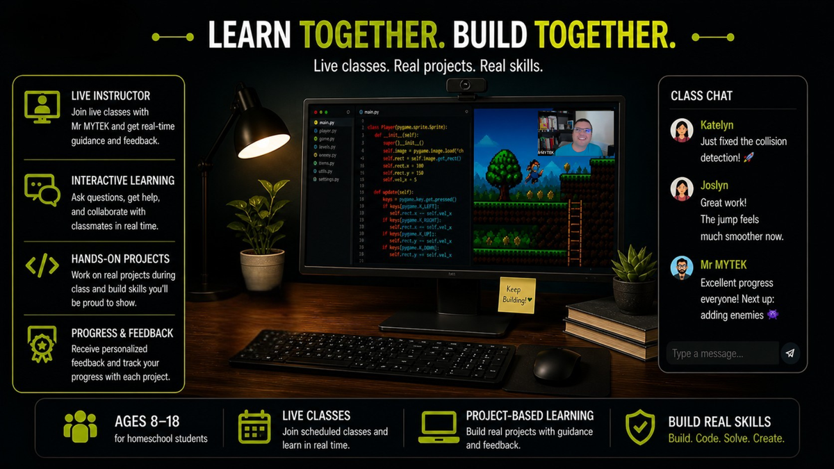 Learn together at MYTEK Lab: live classes with a real instructor, interactive learning, hands-on projects, and personalized feedback